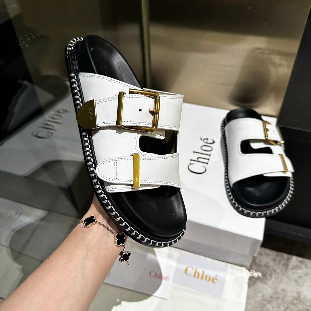 DAD SANDALS IN WHITE CALFSKIN WITH GOLD HARDWARE