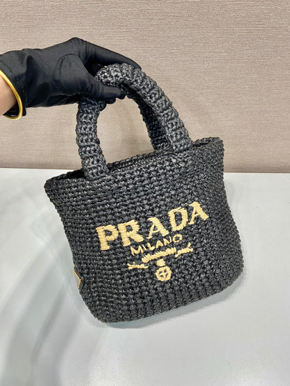 SMALL CROCHET TOTE BAG 24 IN BLACK MIX YELLOW RAFFIA