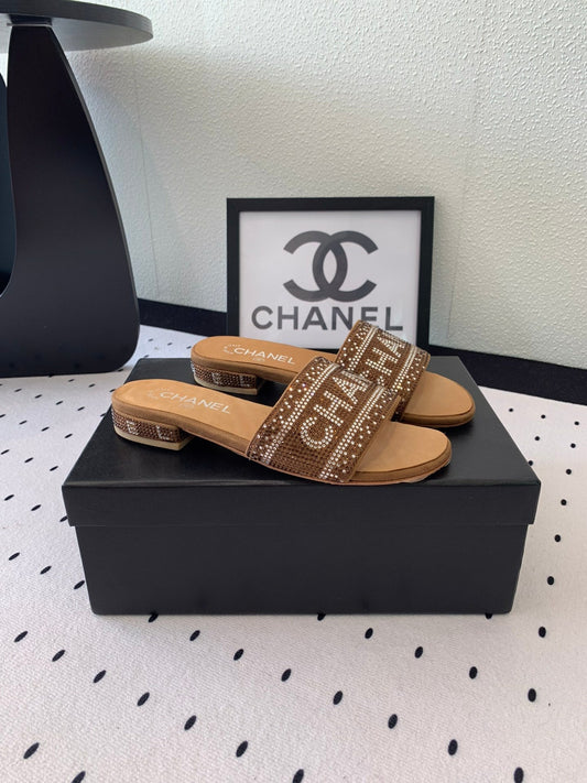 CC RHINESTONE LETTER SLIPPERS CINNAMON BROWN LAMBSKIN