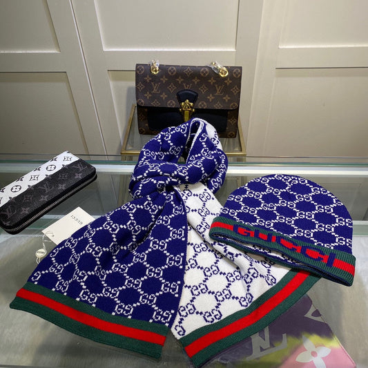 SET SCARF AND HAT IN NAVY BLUE MONOGRAM CASHMERE 349665