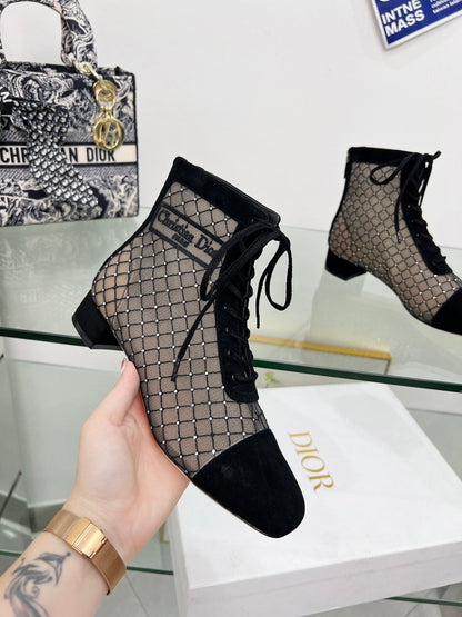 NAUGHTILY-D HEELED ANKLE BOOT IN BLACK EMBROIDERED MESH AND SUEDE 35 MM