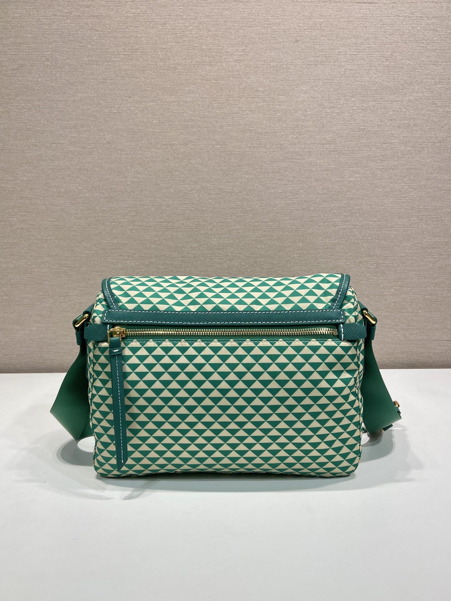 MESSENGER BAG 25 IN FOREST GREEN MIX CREAM TRIANGLE PATTERN EMBROIDERED FABRIC