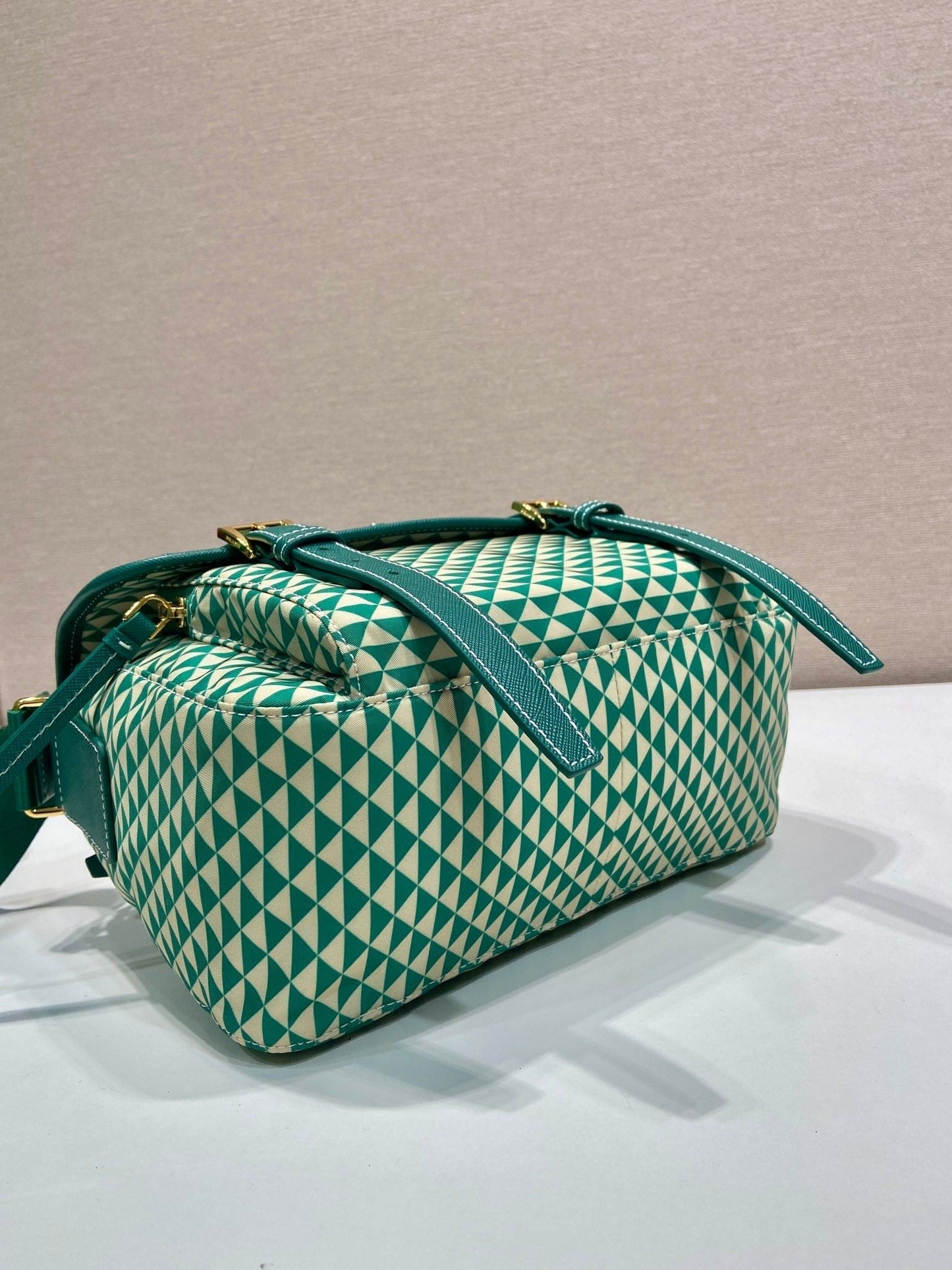 MESSENGER BAG 25 IN FOREST GREEN MIX CREAM TRIANGLE PATTERN EMBROIDERED FABRIC