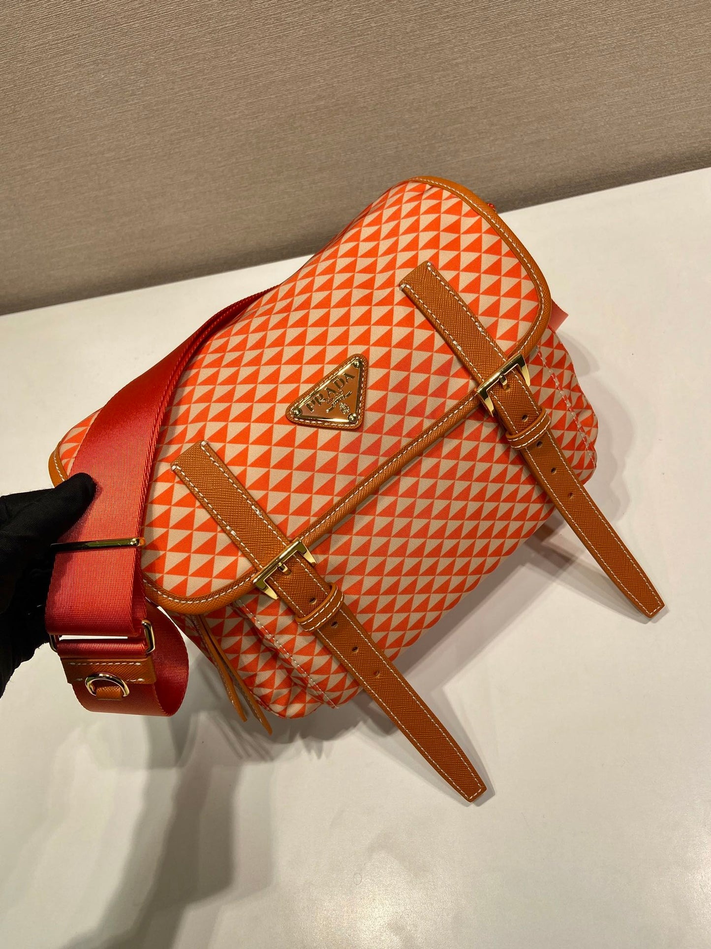 MESSENGER BAG 25 IN ORANGE MIX CREAM TRIANGLE PATTERN EMBROIDERED FABRIC