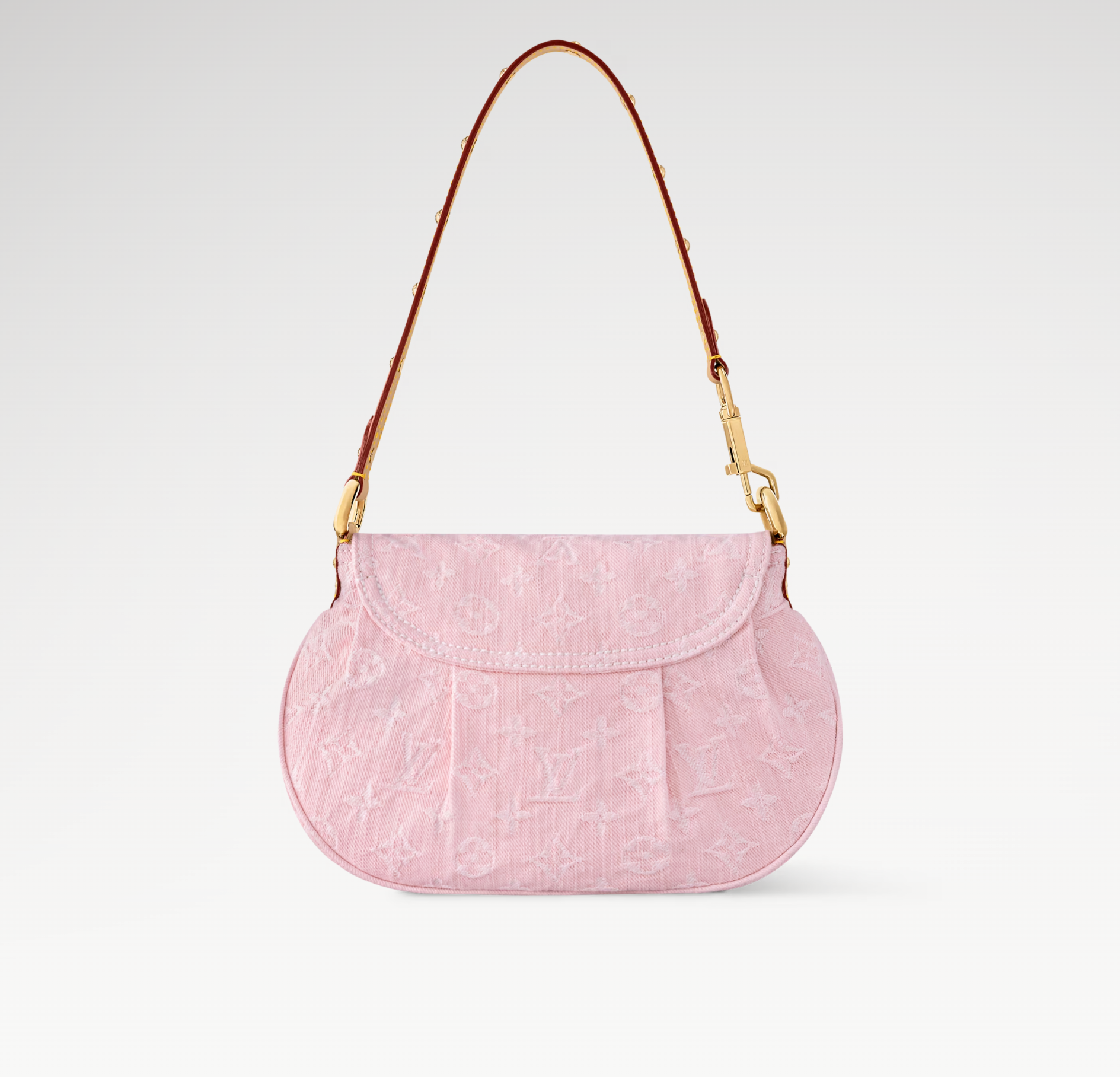 SUNSET 27 IN WASHED PINK MONOGRAM DENIM GOLD BUCKLE
