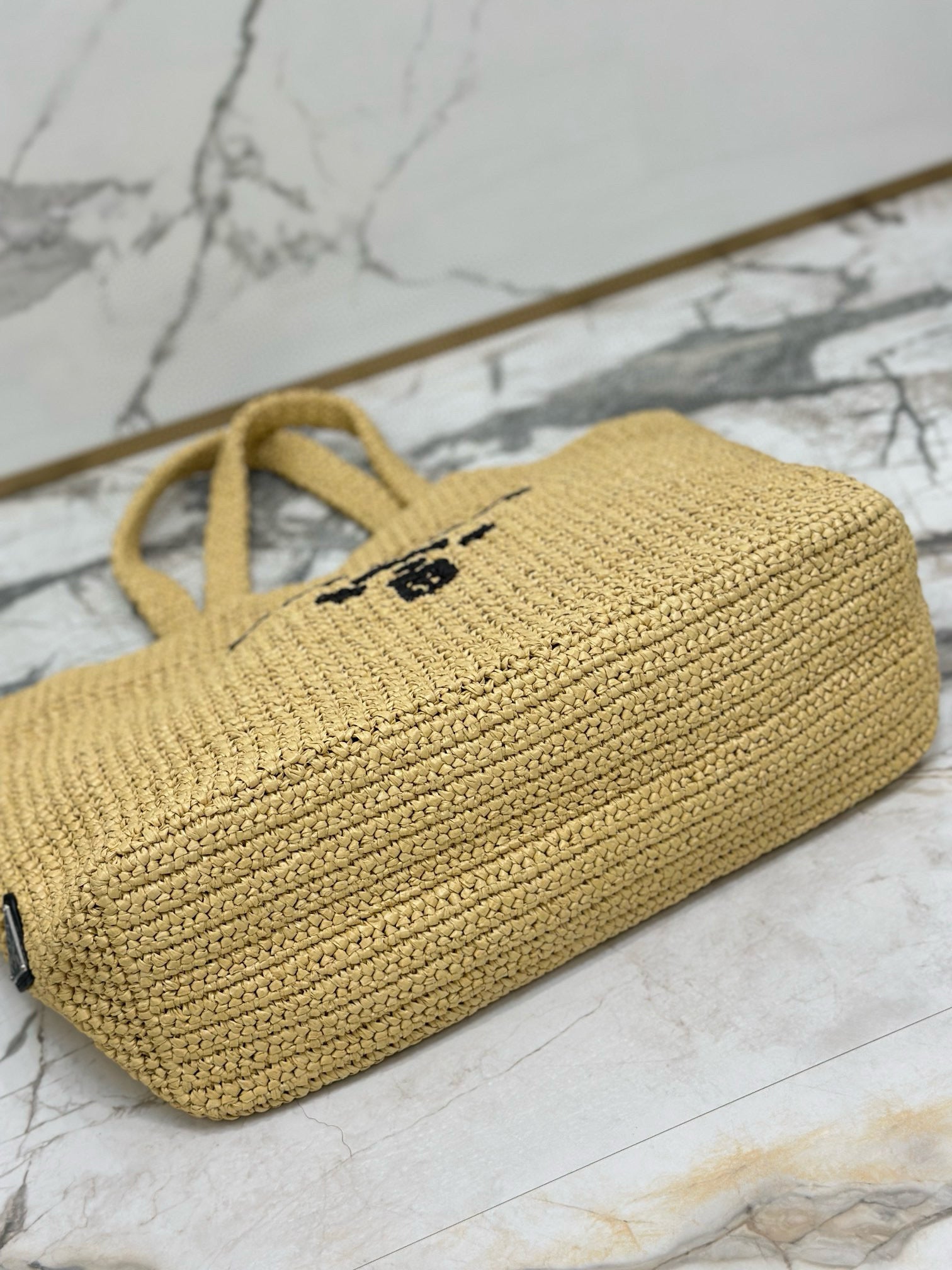 Prada 40 Cm Raffia Crochet Neutral Straw Tote Bag