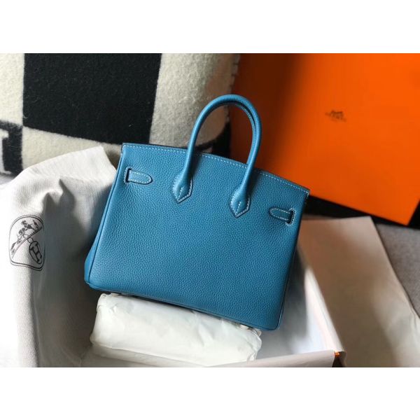 HERM Birkin 25cm Bag In Blue Jean Clemence Leather GHW