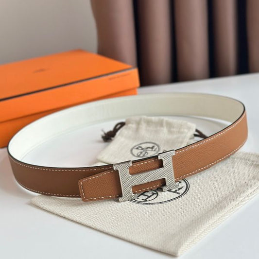 HERM H Guillochee Reversible Belt 32MM in Gold and White Epsom Calfskin
