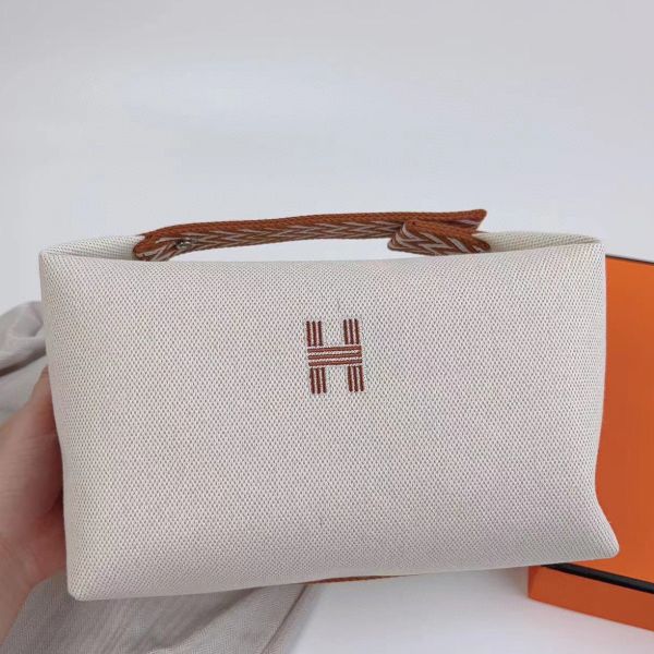 HERM Bride-a-Brac Large Case in Ecru Canvas with Brown Zigzag Motifs