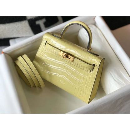 HERM Kelly Mini II Bag In Jaune Poussin Embossed Crocodile Leather