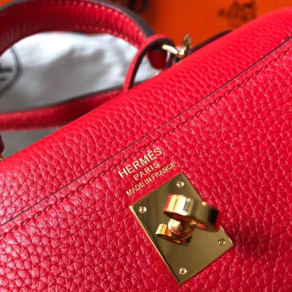 HERM Kelly 20cm Bag In Red Clemence Leather GHW