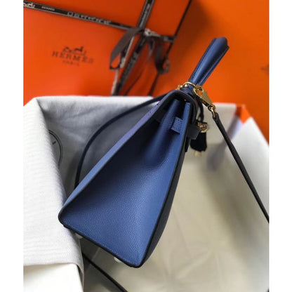 HERM Kelly 25cm Sellier Bag In Agate Blue Epsom Leather