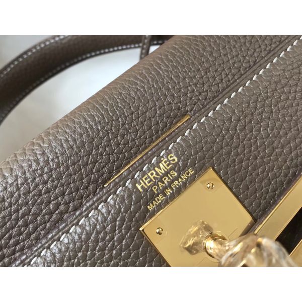 HERM Kelly 28cm Bag In Taupe Grey Clemence Leather GHW