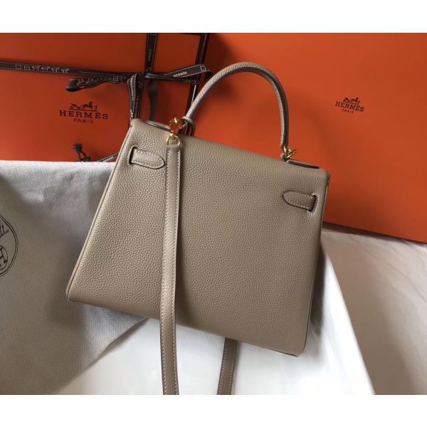 HERM Kelly 28cm Bag In Gris Tourterelle Clemence Leather GHW