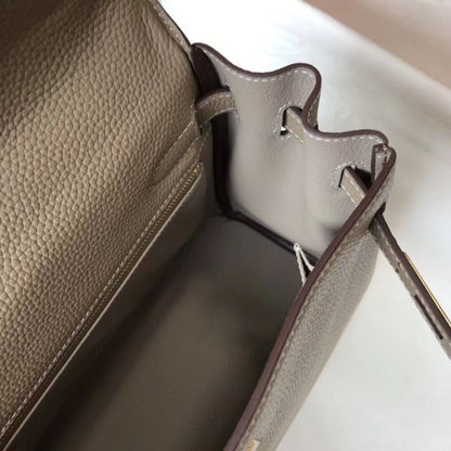 HERM Kelly 28cm Bag In Gris Tourterelle Clemence Leather GHW