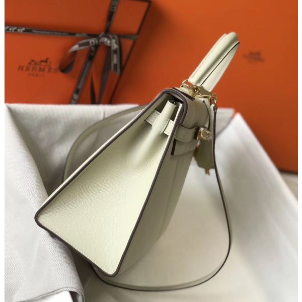 HERM Kelly 28cm Bag In White Epsom Leather GHW