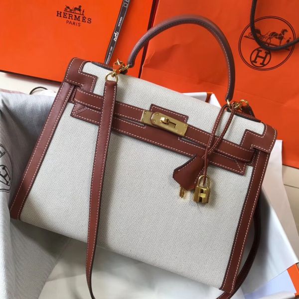 HERM Kelly 32cm Bag In Toile Canvas With Barenia Leather