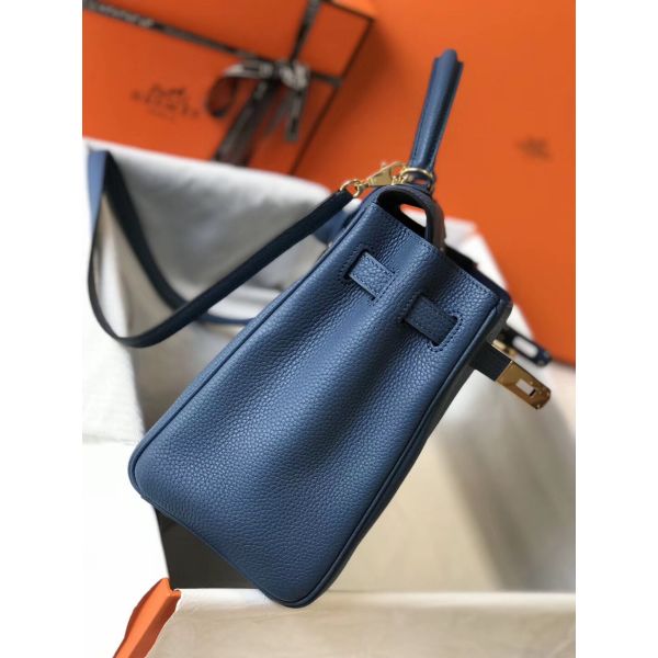 HERM Kelly 32cm Bag In Blue Agate Clemence Leather GHW