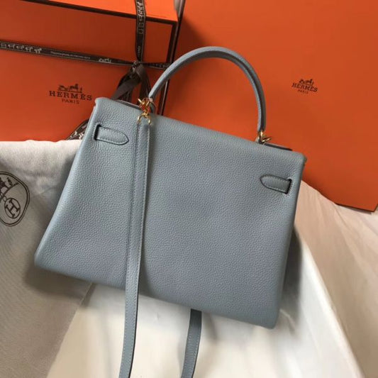 HERM Kelly 32cm Bag In Blue Lin Clemence Leather GHW