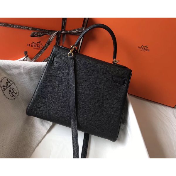 HERM Kelly 32cm Bag In Black Clemence Leather GHW