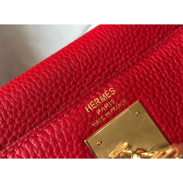 HERM Kelly 32cm Bag In Red Clemence Leather GHW