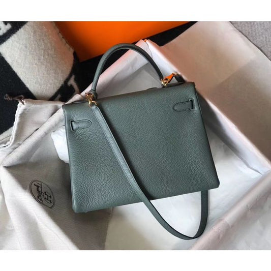 HERM Kelly 32cm Bag In Vert Amande Clemence Leather GHW