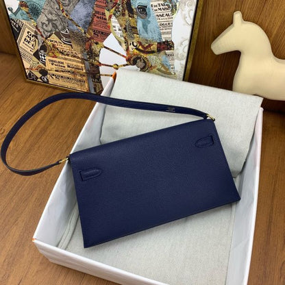 HERM Kelly Elan Handmade Bag In Blue Saphir Chevre Mysore Leather