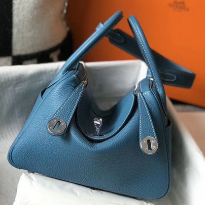 HERM Lindy 26cm Bag In Blue Jean Clemence Leather PHW