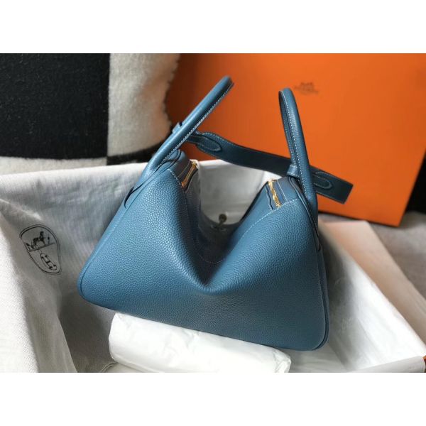 HERM Lindy 30cm Bag In Blue Jean Clemence Leather GHW