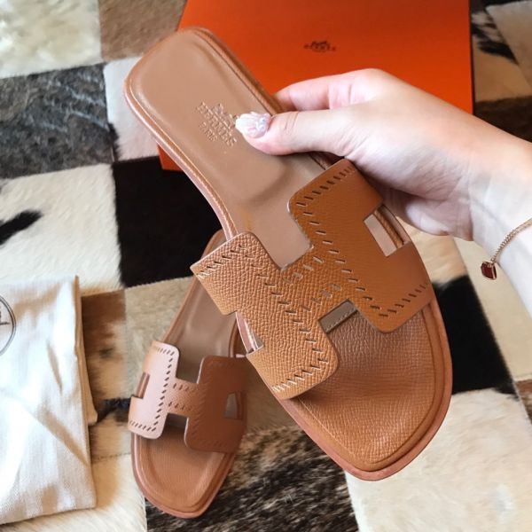 HERM Oran Slide Sandals In Gold Epsom Perforated Calfskin