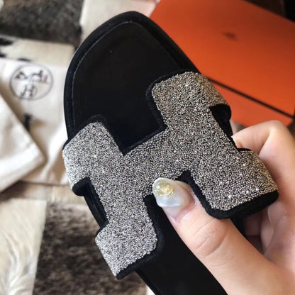 HERM Oran Sandals In Black Suede With Crystal