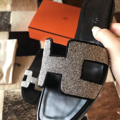 HERM Oran Sandals In Black Suede With Crystal