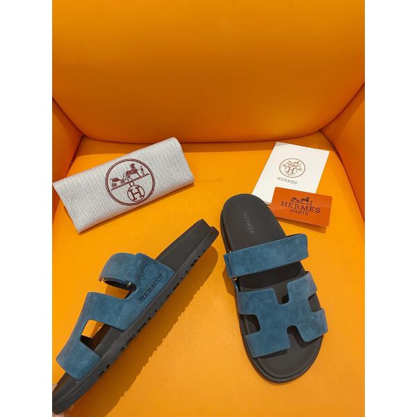 HERM Men's Chypre Sandals in Blue Suede Calfskin