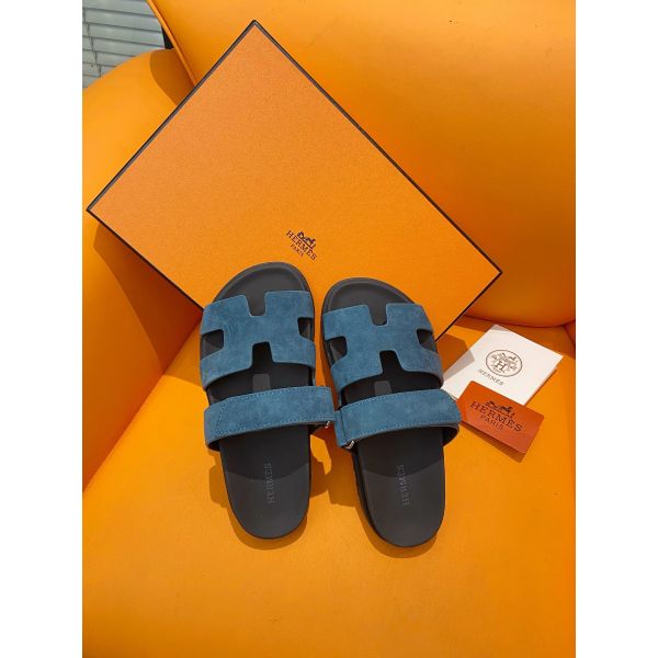 HERM Men's Chypre Sandals in Blue Suede Calfskin