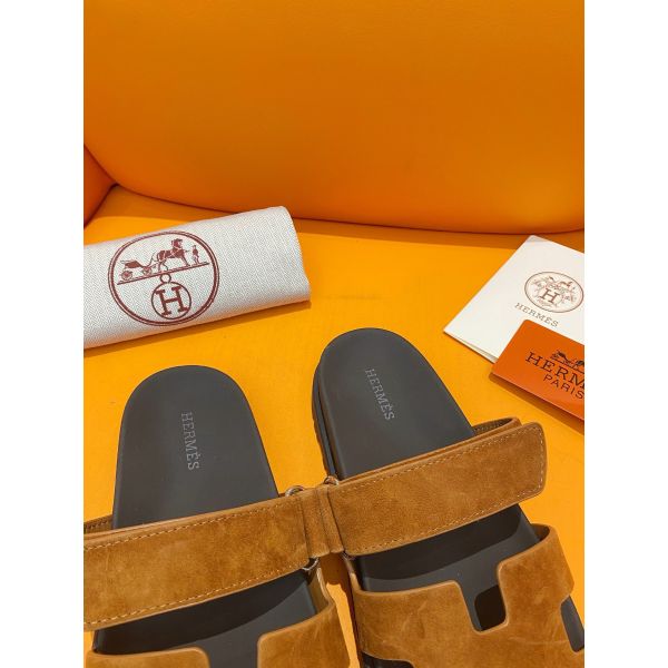 HERM Men's Chypre Sandals in Brown Suede Calfskin