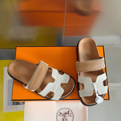 HERM Men's Chypre Sandals In Canvas with Brown Leather
