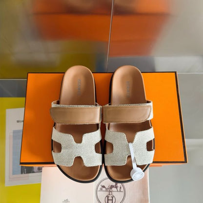 HERM Men's Chypre Sandals In Canvas with Brown Leather