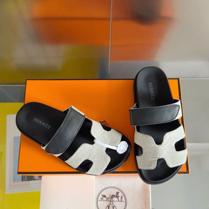 HERM Men's Chypre Sandals In Canvas with Black Leather