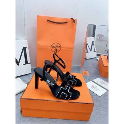 HERM Heden 80 Sandals in Black Suede Leather with Rhinestone