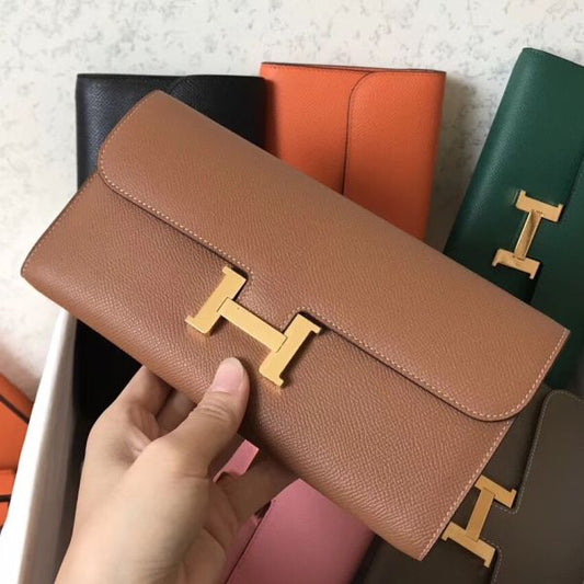 HERM Constance Long Wallet In Gold Epsom Leather