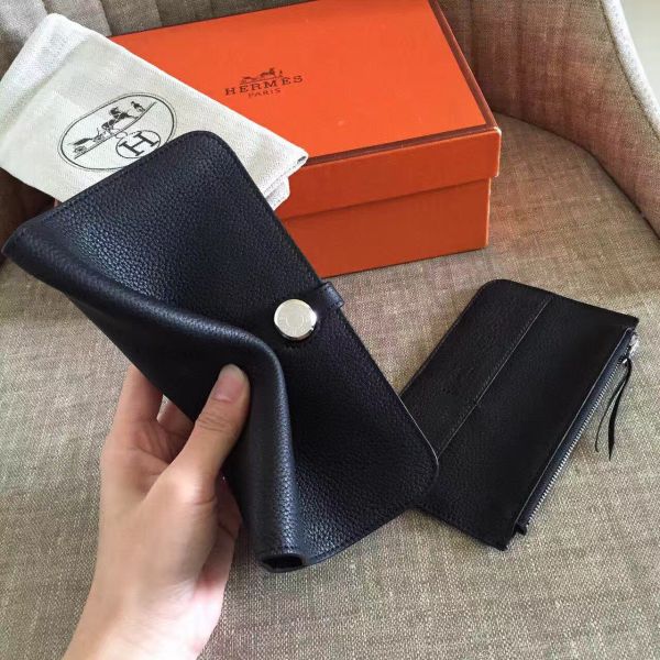 HERM Dogon Duo Wallet In Black Clemence Leather