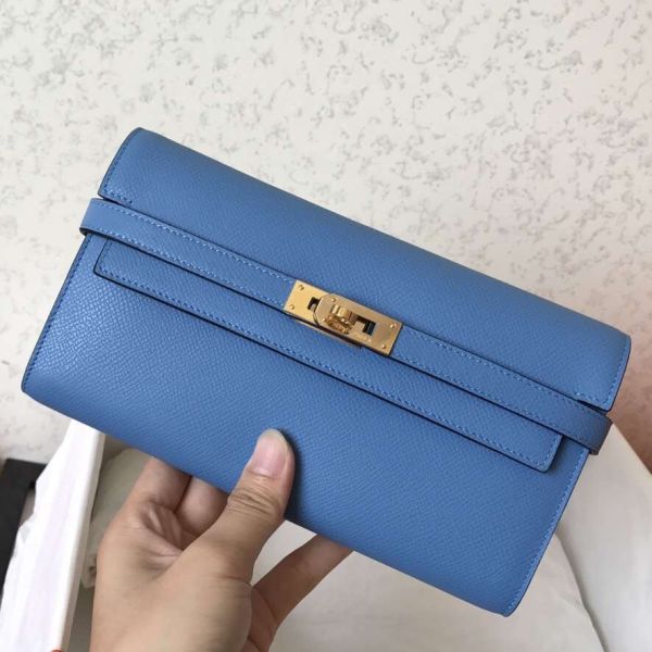 HERM Kelly Classic Long Wallet In Blue Jean Epsom Leather