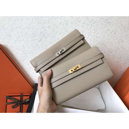 HERM Kelly Classic Long Wallet In Grey Epsom Leather