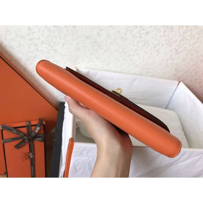 HERM Kelly Classic Long Wallet In Orange Epsom Leather