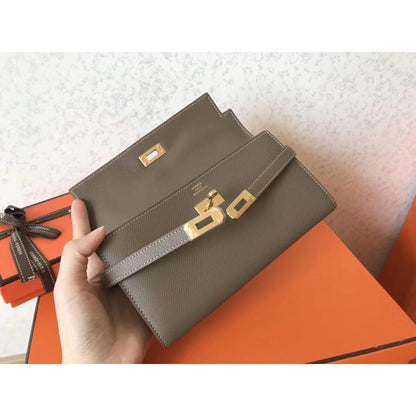 HERM Kelly Classic Long Wallet In Taupe Epsom Leather