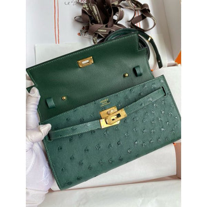 HERM Kelly Classique To Go Wallet in Malachite Ostrich Leather