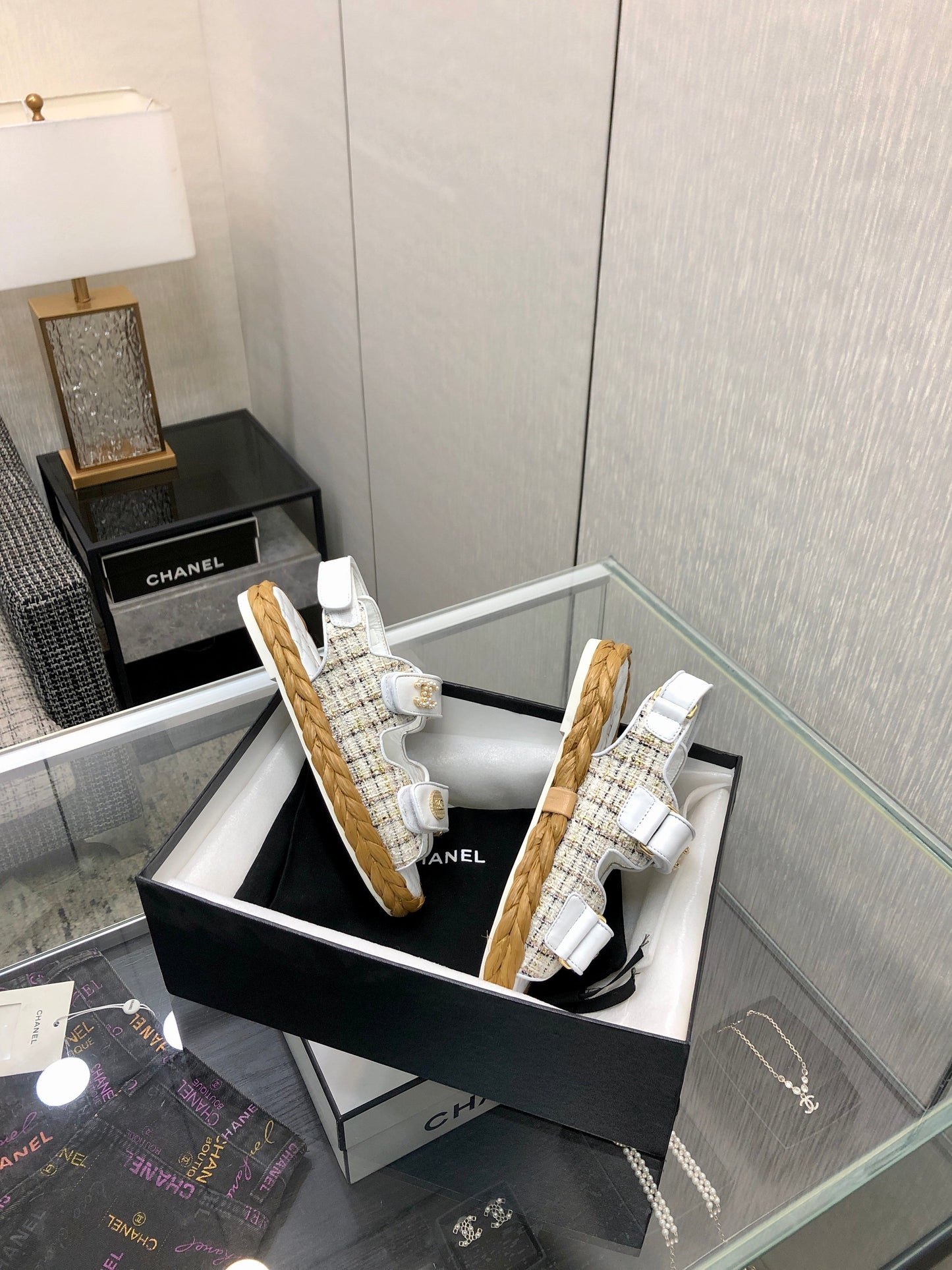 VELCRO SANDALS IN WHITE LAMBSKIN AND TWEED FABRIC