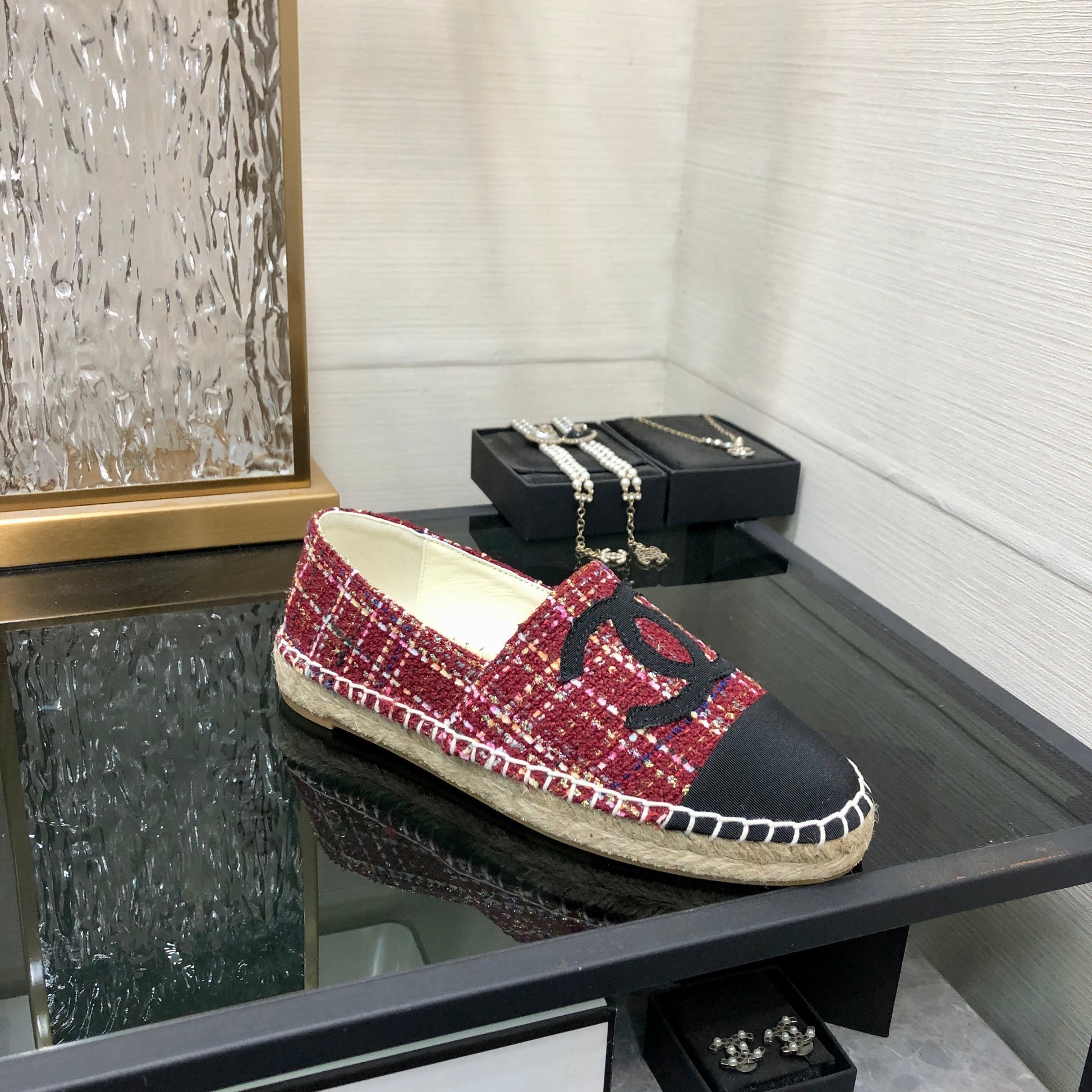 ESPADRILLE BLACK MIX CRIMSON RED TWEED FABRIC FLATS