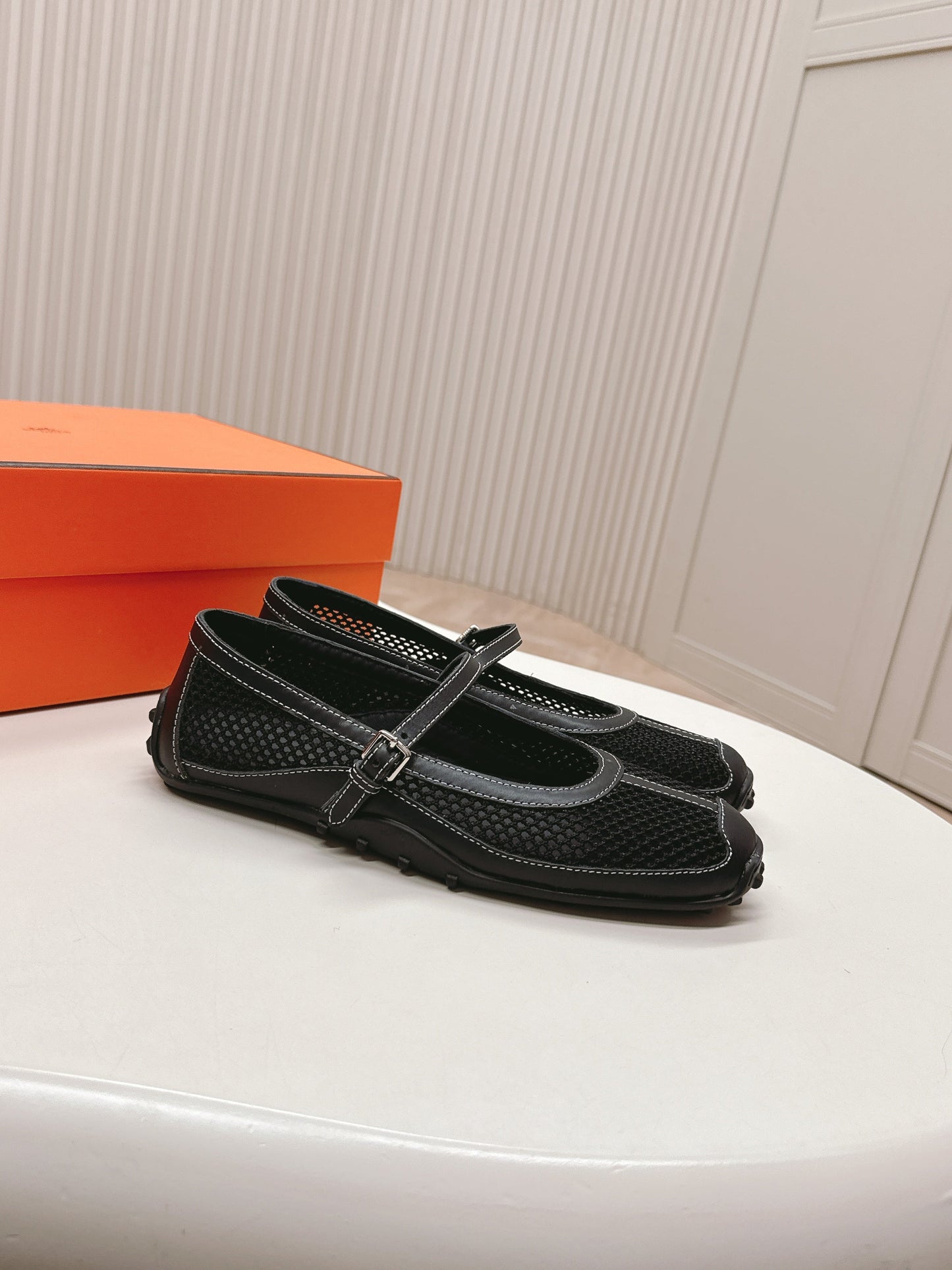 KICHU BALLET FLAT IN BLACK CROCHET KNIT AND CALFSKIN