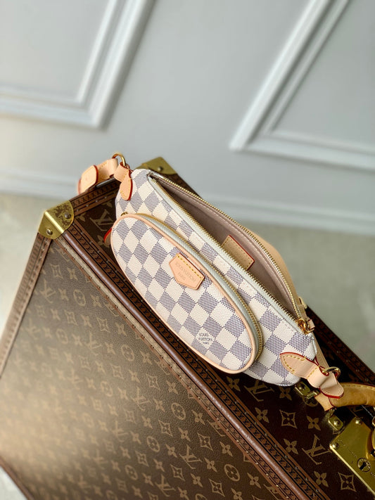 KEEPIT BUMBAG 29 IN WHITE GREY CHECKERBOARD PATTERN DAMIER AZUR COATED CANVAS